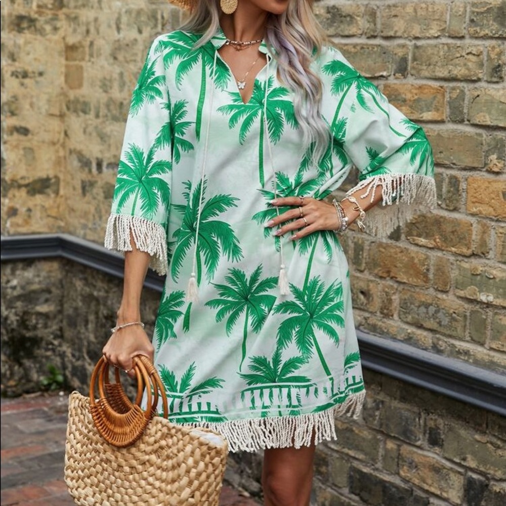 🏝 BOHO GREEN PALM PRINT FRINGE LOOSE FIT DRESS! - Picture 4 of 10